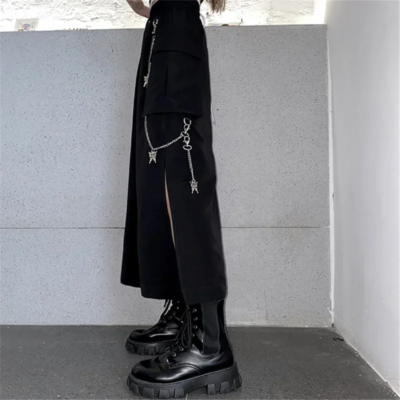 2025 New Spring Autumn Women Skirt Fashion Korean Style Black Long Skirts with Chain Side Slit Hip Hop Streetwear Plus Size 5