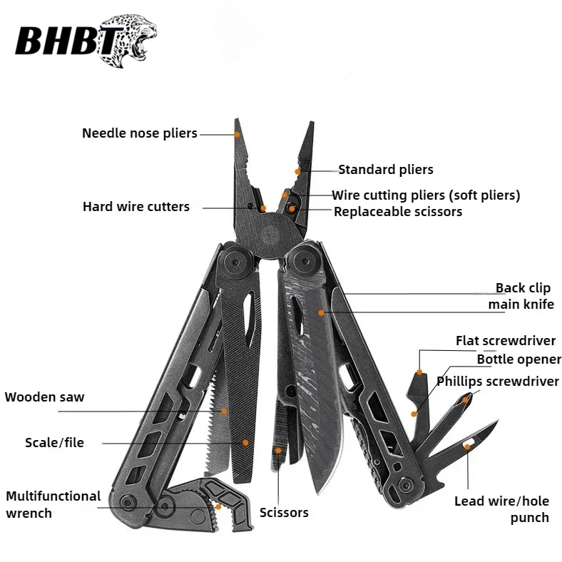 BHBT 15 in 1 멀티툴 플라이어 다기능 렌치 다마스커스 나이프 접이식 EDC 아웃도어 캠핑 서바이벌 멀티툴