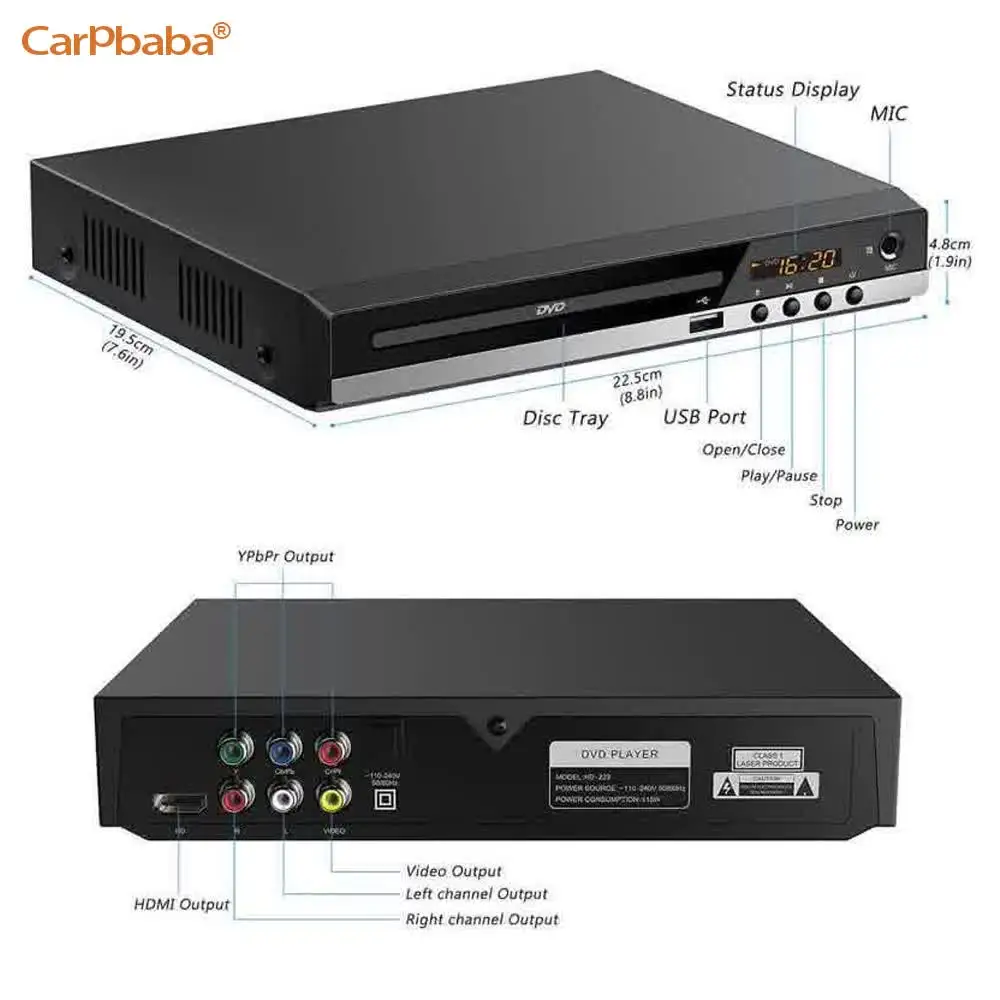 Carpbaba DVD225 Mini DVD Player with HD and RCA Cable 1080P PAL%2FNTSC USB Portable CD Player Home Travel Region Free Universal