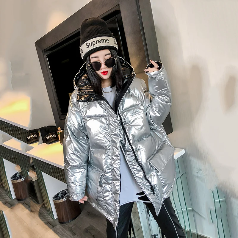 Chic Silver Glossy Down Cotton Coat Women's Winter Warm Jacket Casual  Hooded Padded Puffer Parkas Woman Outwear Oversized Coats