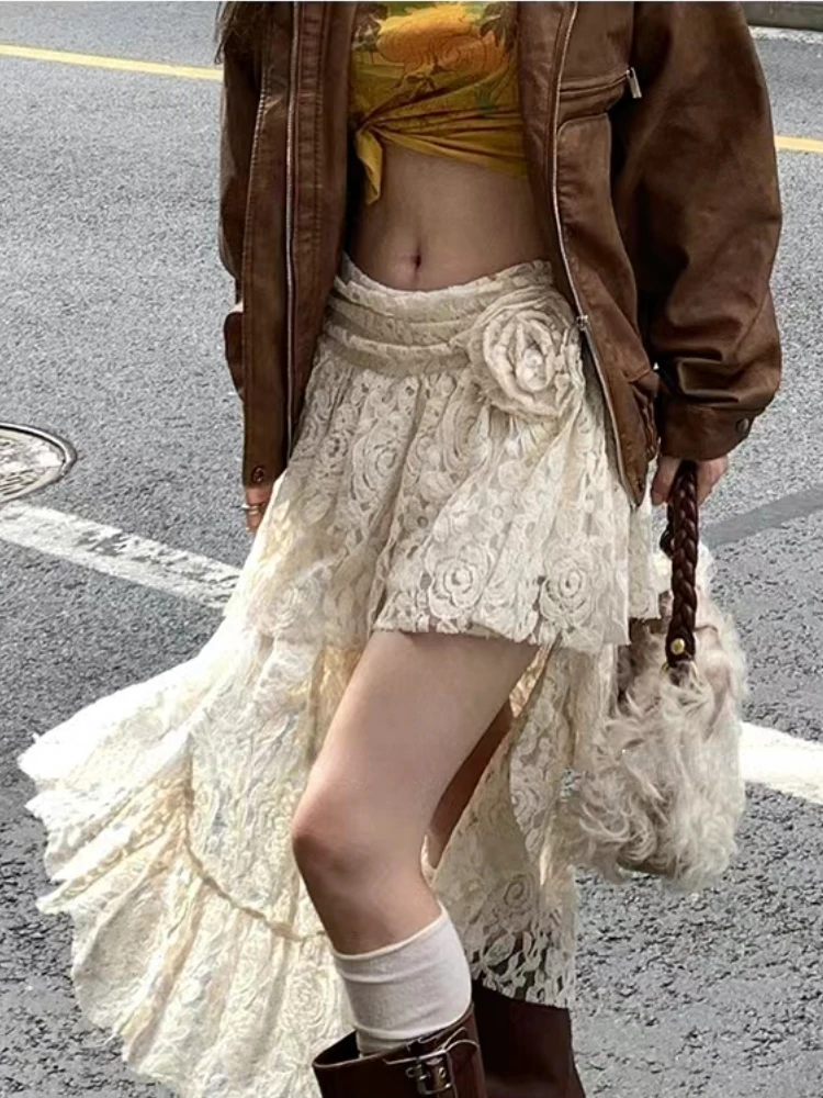 

Women's White A-line Lace Rose Skirt Vintage Aesthetic Y2k Mini Skirt Harajuku Korean Streetwear Skirt 2000s Clothes Summer 2024