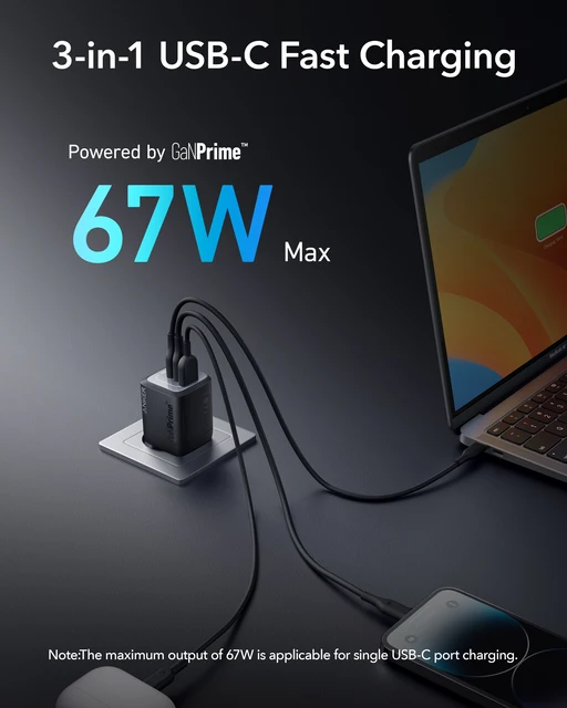 Anker Prime 67W USB C Charger, Anker GaN Wall Charger, 3-Port Compact Fast PPS Charger, For MacBook Pro/Air, iPhone 15, iPad Pro - Hình ảnh 2