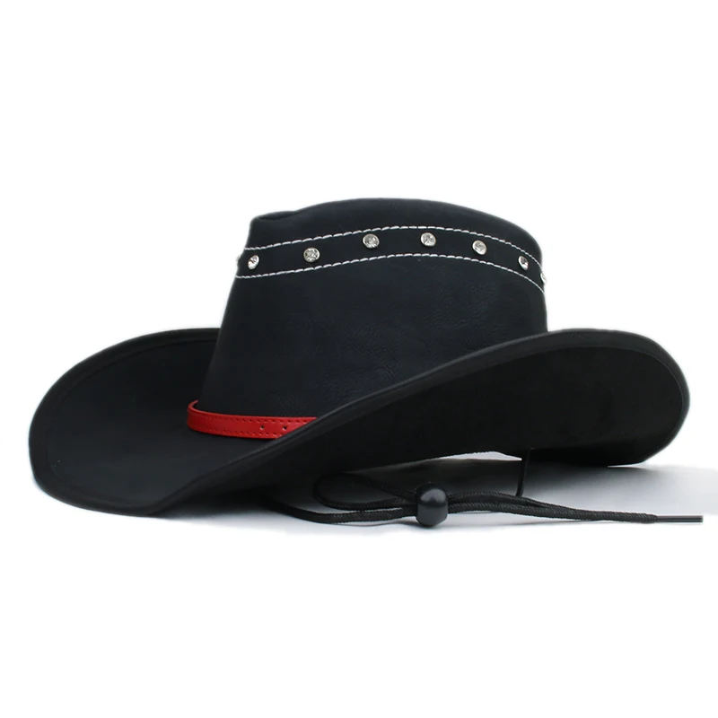 

Retro Simple Red Leather Belt Women Men PU Roll Up Wide Brim Sombrero Sun Cap Beach Cowboy Cowgirl Western Hat Adjust