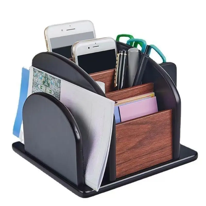 Wooden Multifunctional Storage Box Desk Desktop Pen Holder Business Card Storage Ornaments Can Be Rotated