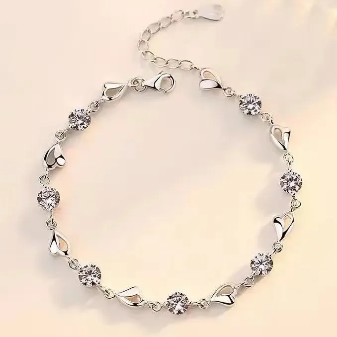 

Fine stamped 925 Sterling Silver Zircon Heart Shaped Bracelets crystals For Women Valentines Gift Wedding party cute Jewelry