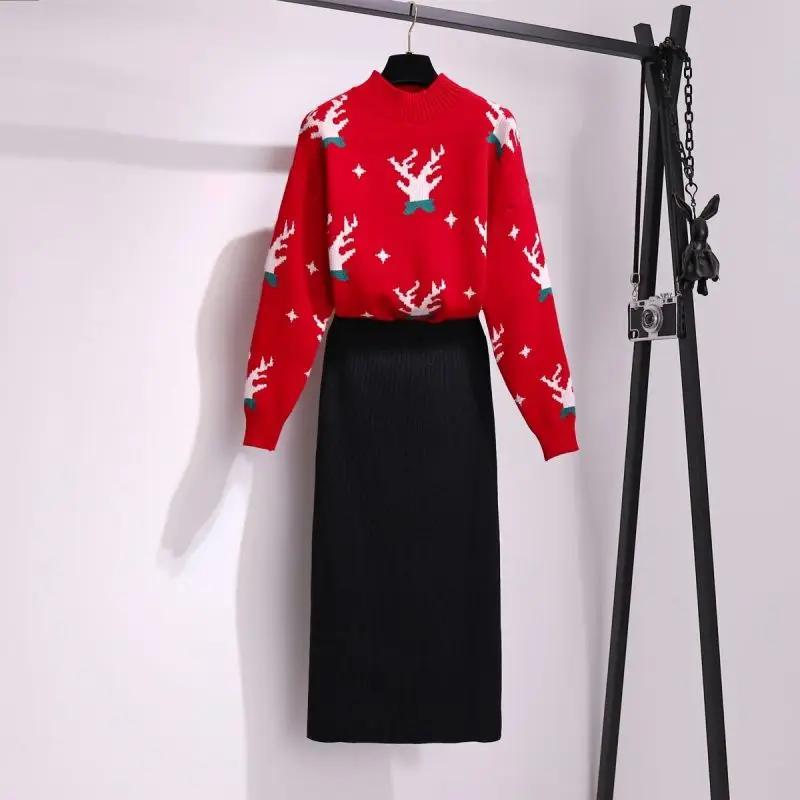Autumn/Winter Fashion Suit Women's 2023 New Lazy Style Round Neck Red Pullover Sweater High Waist Half Skirt Two Piece Set