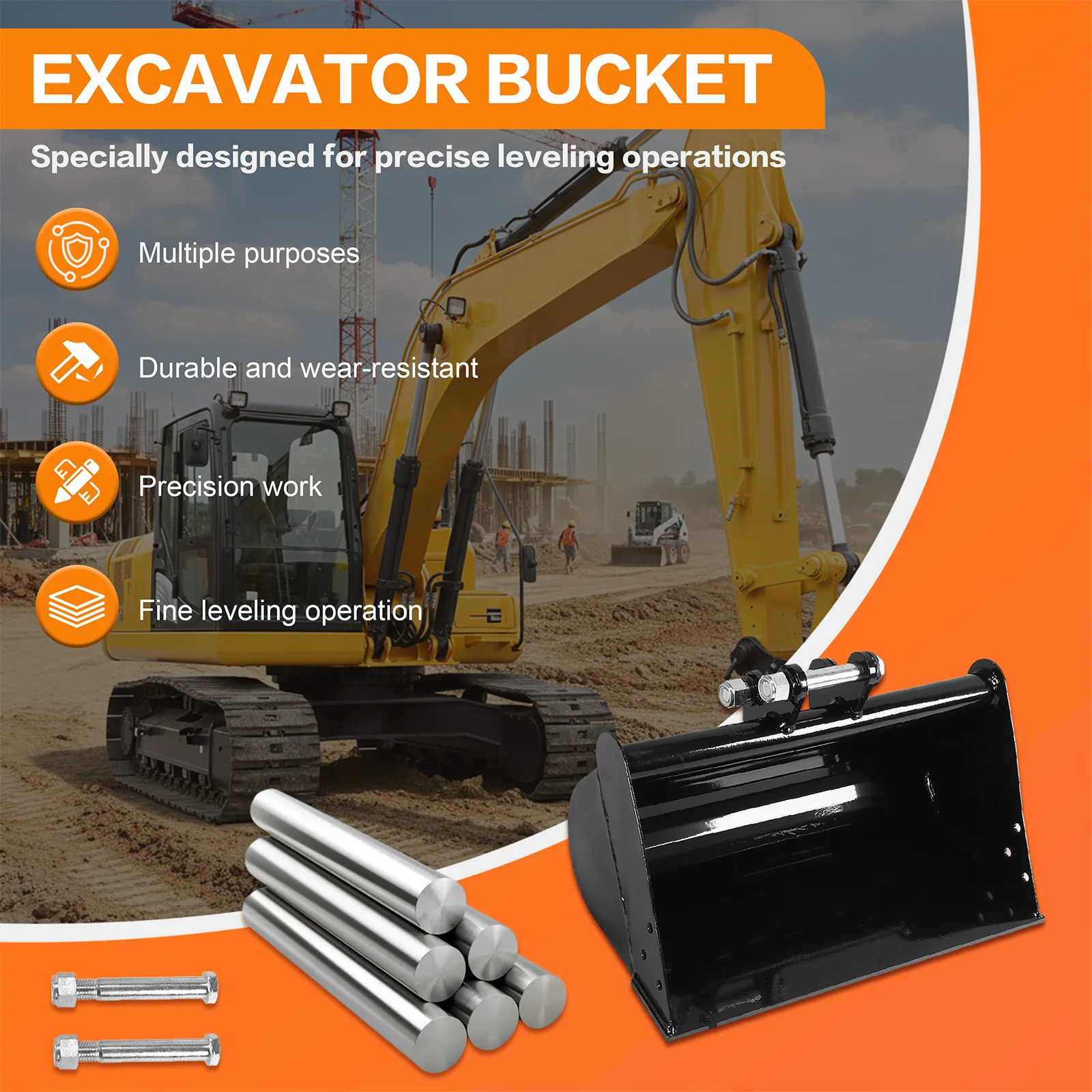 Universal Metal Excavator Bucket Grading Attachment Flat Mud Buckets for Construction Heavy Equipment Durable Black Finish