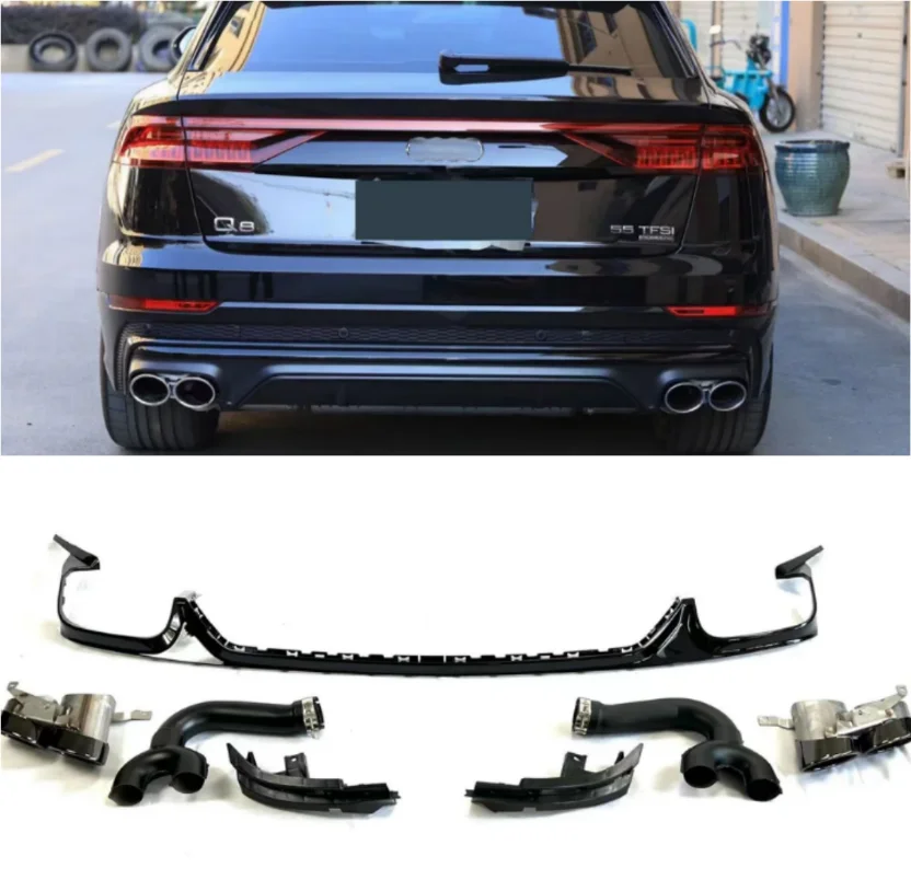 

ABS Black Rear Bumper Diffuser Lip & Exhaust Tips Trunk Door Lip Spoiler For Audi Q8 S-line Q8 SQ8 2019 2020 2021 2022 2023