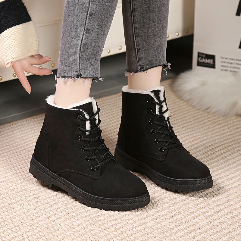 2023 High Quality Women's Shoes Winter Plush Warm Mid-Calf Women's Boots Solid Color Round Toe Lace Up Low-heeled Shoes Women