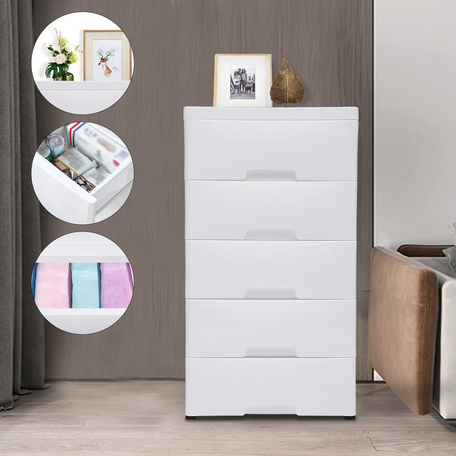 

Bedroom Stackable Storage Cabinet Prevent Mold & Insects W/ 5 Drawers White Plastic Vertical Dresser Clothes Wardrobe Closet