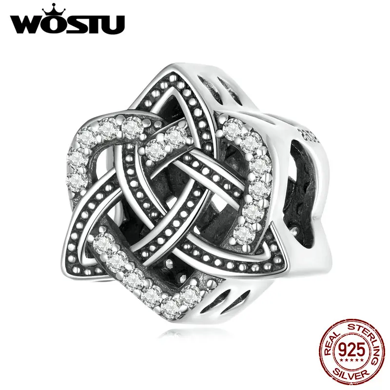 

WOSTU 100% 925 Sterling Silver Celtic Knot Heart-Shaped Retro Charms Beaded For Women Fit Original DIY Bracelet Necklace Jewelry