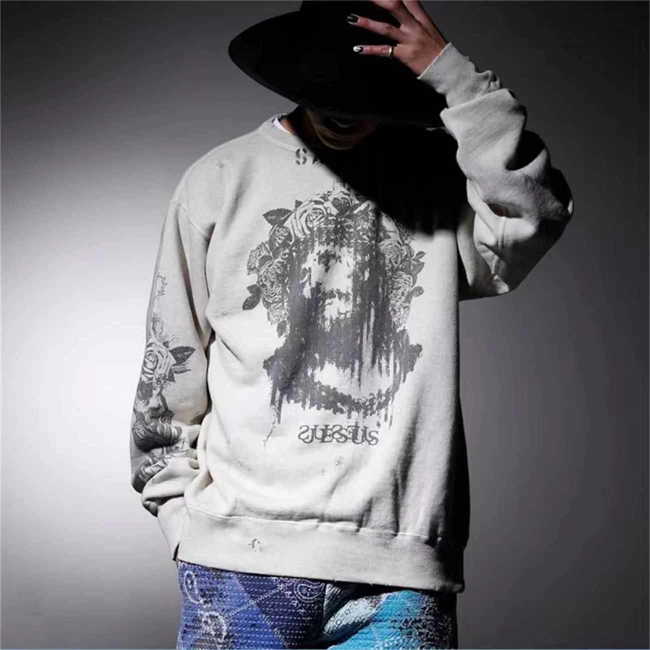 CZTOP Street VTG Fashion SAINT MICHAEL Retro Graffiti Printed FOG Loose Casual Couple Round Neck Quality Cotton Warm Sweater cztop street vintage fashion fog rrr123 graffiti letter printing high street style pullover round neck loose casual sweater