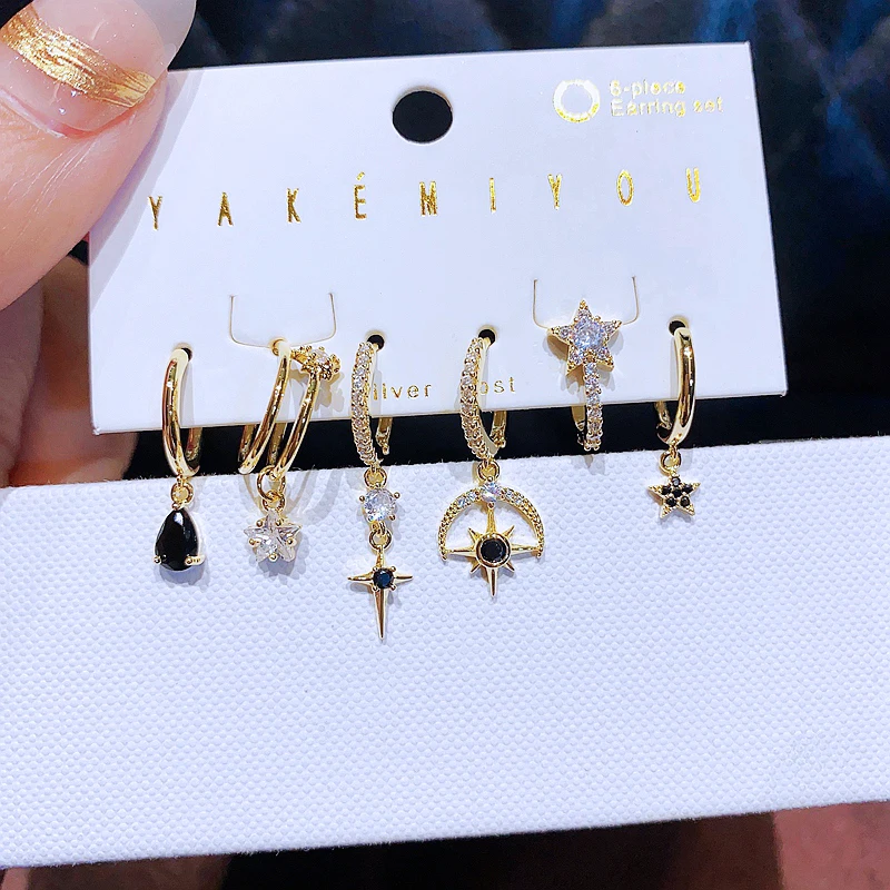 

MIGGA Trend Cool Black Zircon Crystal Cross Star Huggie Hoop Earrings Set for Women Yakemiyou Suit