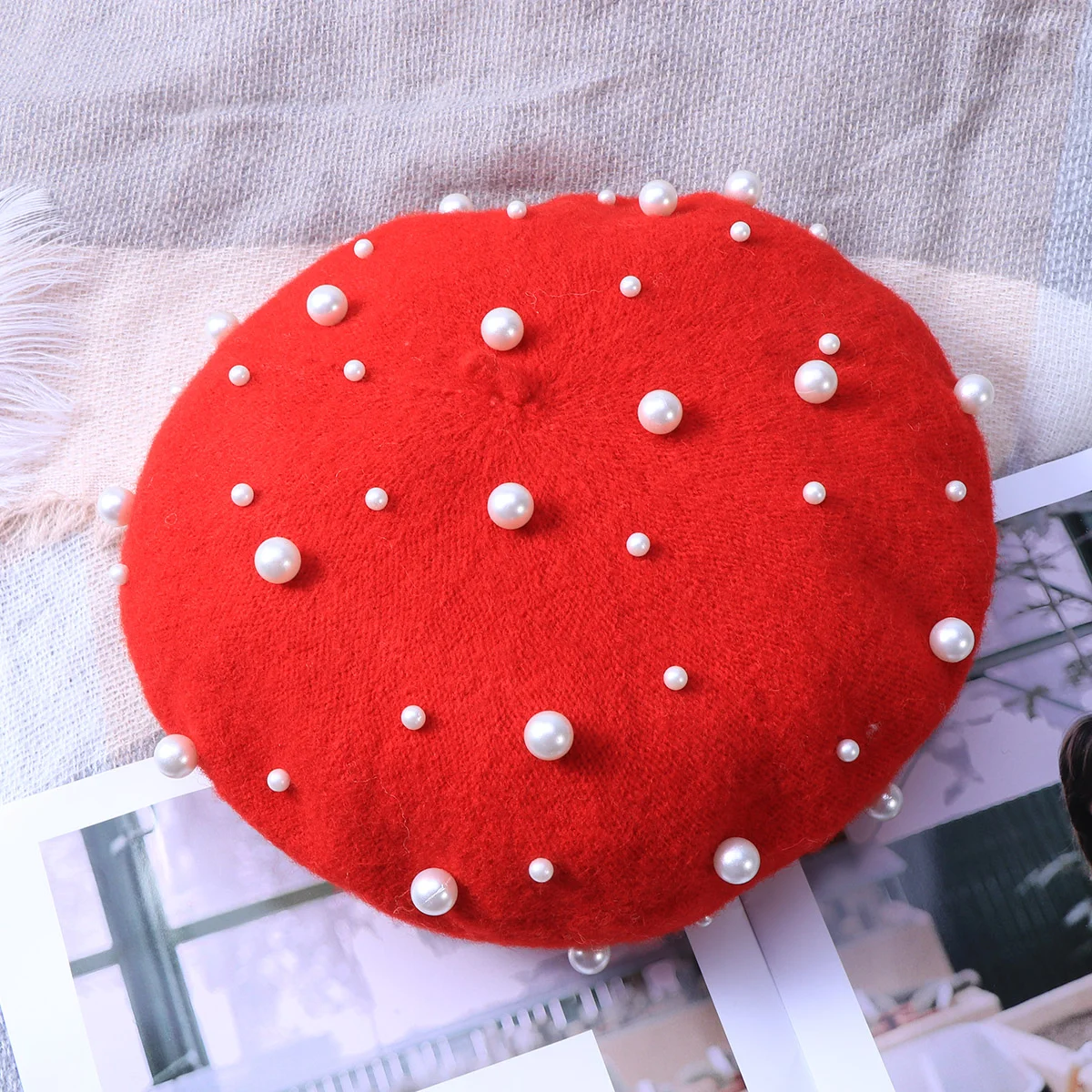 

French Beret Pearl Beaded Artist Beret Color Warm Beanie Cap French Painter Hat for