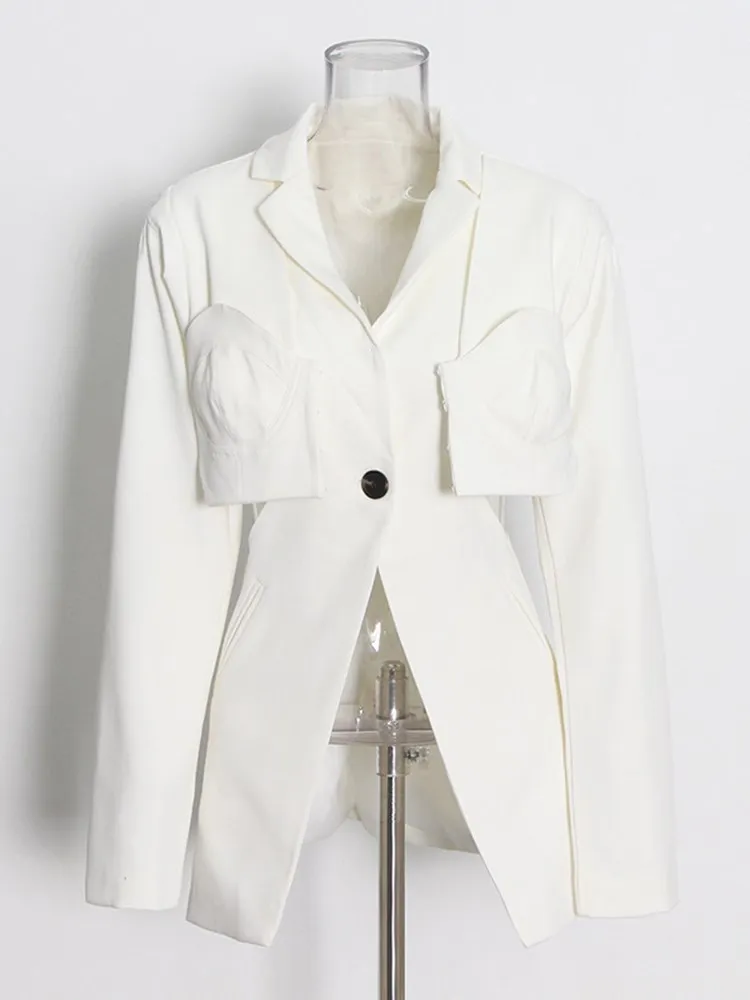 KBQ Spliced Button Hollow Out Split Blazer For Women Notched Collar Long Sleeve Patchwork Pocket Slimming Chic Blazers Female