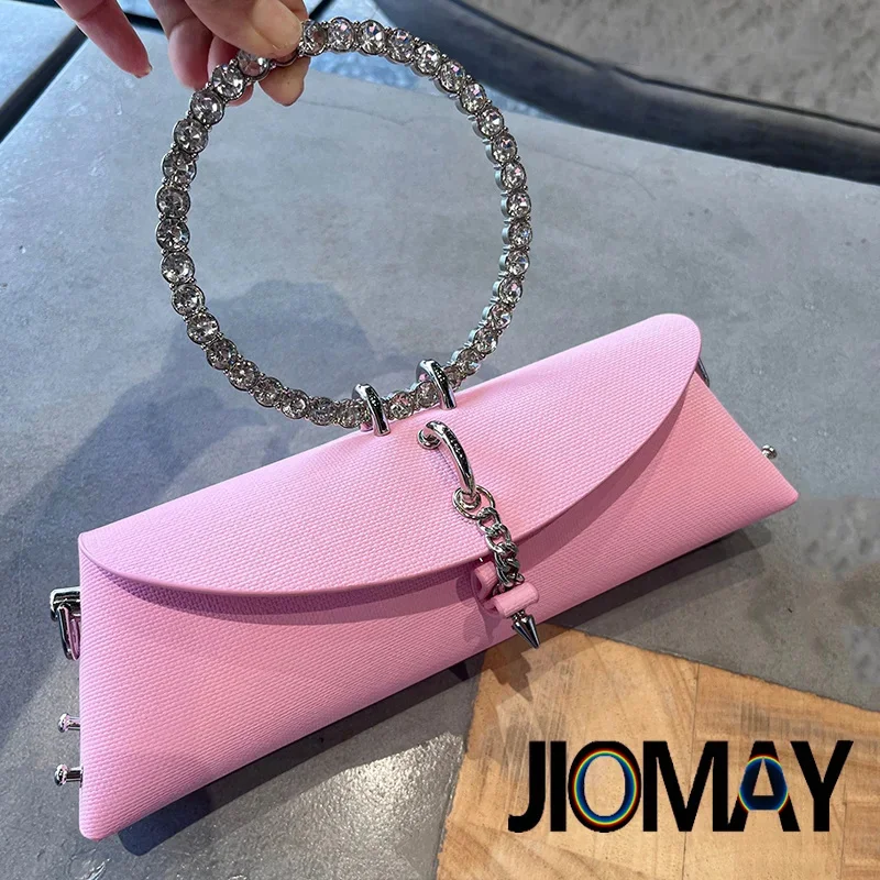 

Clutch Bag Luxury Designer Handbag for Women 2023 with Chain Metal Ring Handle PU Leather Rhinestones Purses Shoulder Bag