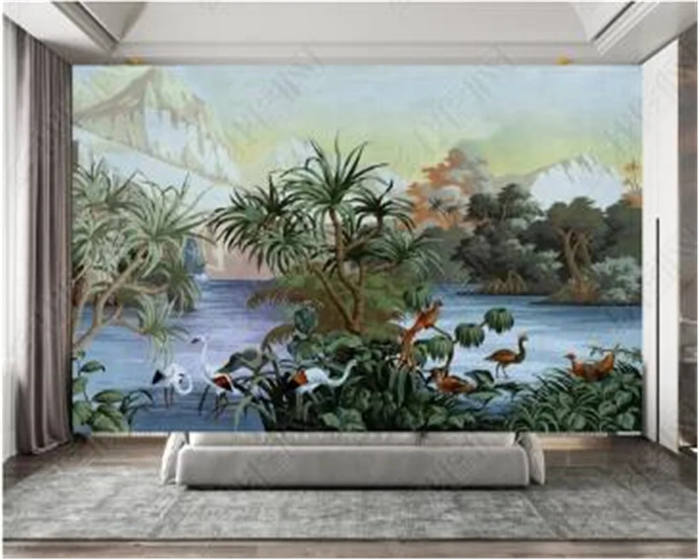 

Milofi Custom wallpaper mural 3D hand drawn Nordic primitive jungle flower and bird background wall decoration painting