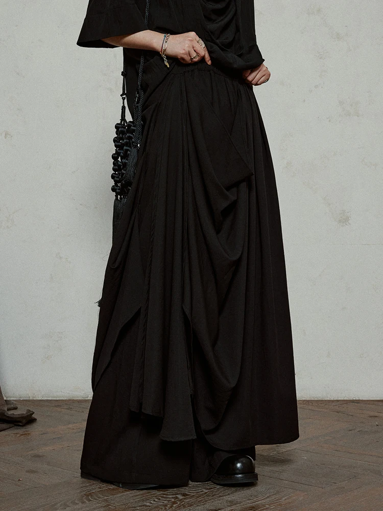 [EAM] High Waist Khaki Gray Irregular Pleated Spliced Long Wide Leg Pants New Trousers Women Fashion Spring Autumn 2026 1DJ1181