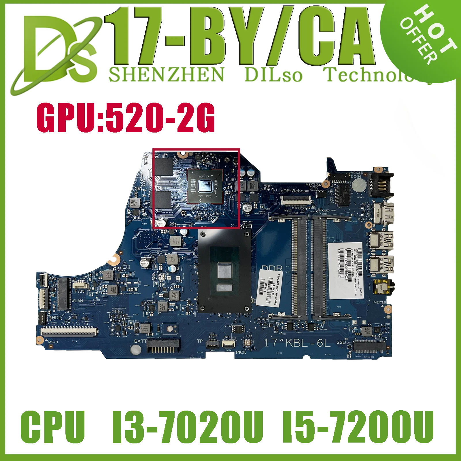 

KEFU 17-BY Mainboard For HP 17-BY 17-CA Laptop Motherboard W/I3-7020U I5-7200U GPU 520/V2G L22744-001 L22744-601 6050A2982701