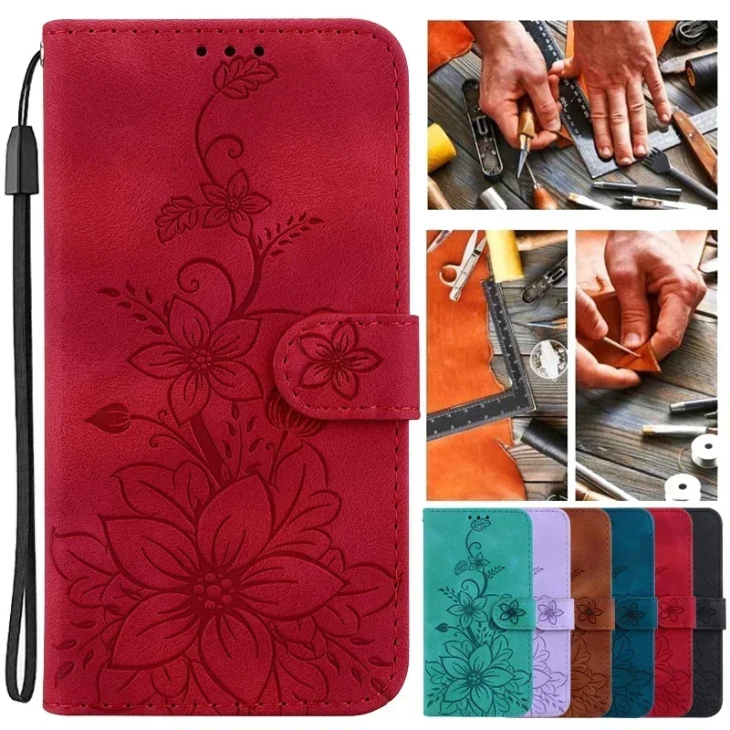 Floral Wallet Flip Cover - Magnetic Leather Phone Case with Lily Design