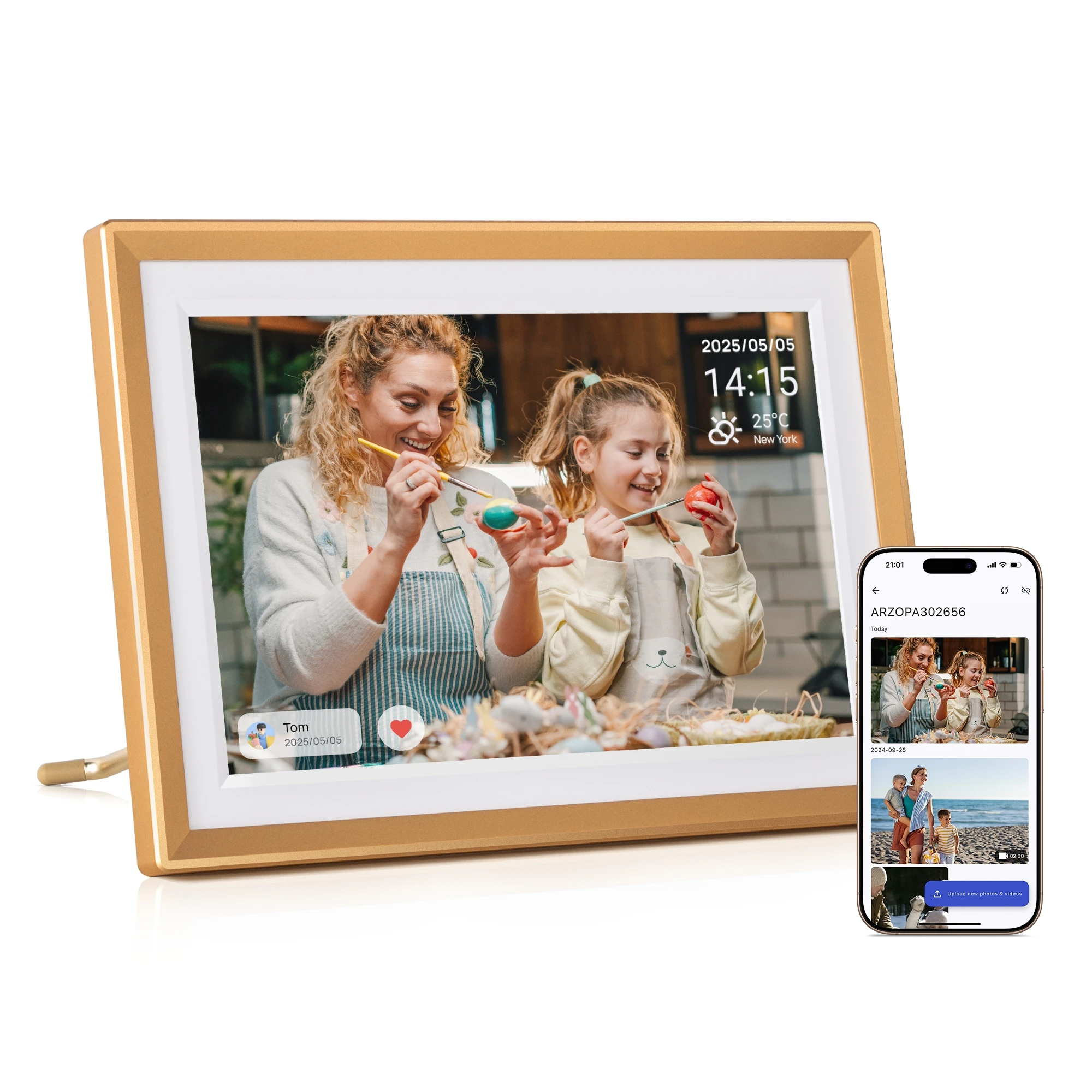ARZOPA 10.1 Inch Metal Digital Photo Frames WiFi 32GB IPS HD Free Touch Screen Remote Share Photos Videos Auto Rotation,D10 Gold