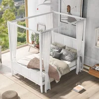 Solid Wood Queen Size 4-Post Canopy Platform Bed with Headboard and Footboard,Center Support Legs, Suitable for Curtains 2
