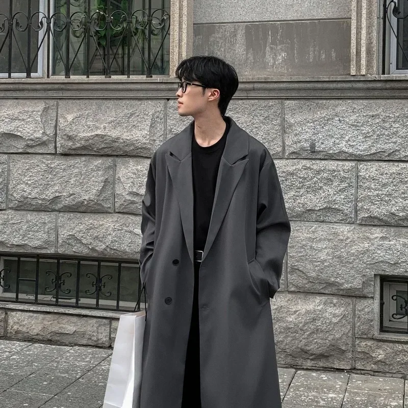 Autumn New Coats Loose Mid Length Over Knee Thin Windbreaker Handsome Shoulder Padded Suit Jacket for Men Trench Coat 5
