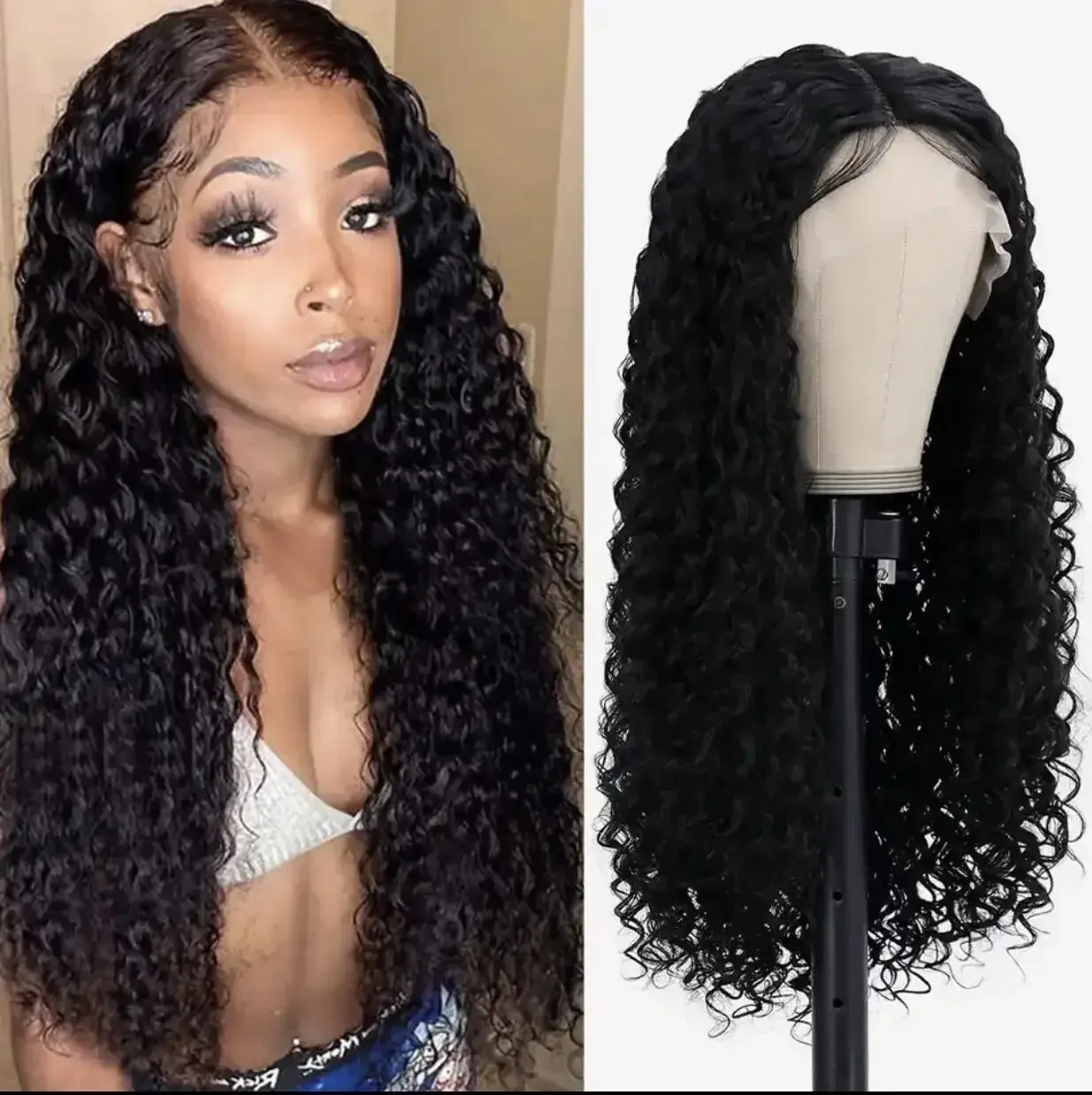 Long Loose Curly Deep Wave Lace Front Wig - Heat Resistant Synthetic Middle Part Wig for Women