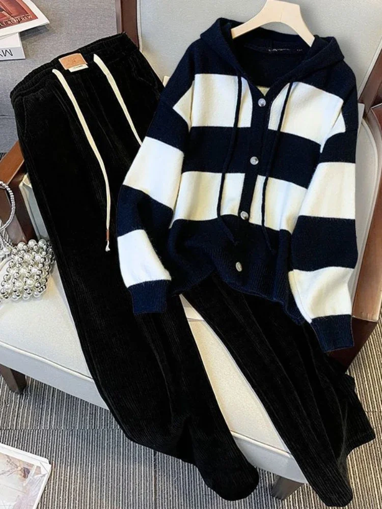 

Women Spring Autumn Stripe Knit Hooded Tops Pants 1 or Two Piece Set Lady Casual Loose Sweater Wide Leg Trousers Outfits 2023