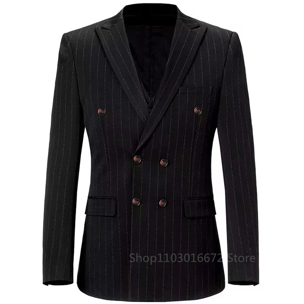 Black Striped Suits Blazer for Men Slim Fit Peak Lapel Double Breasted Men Suit Jacket 1 Piece Italian Style Fashion One Coat