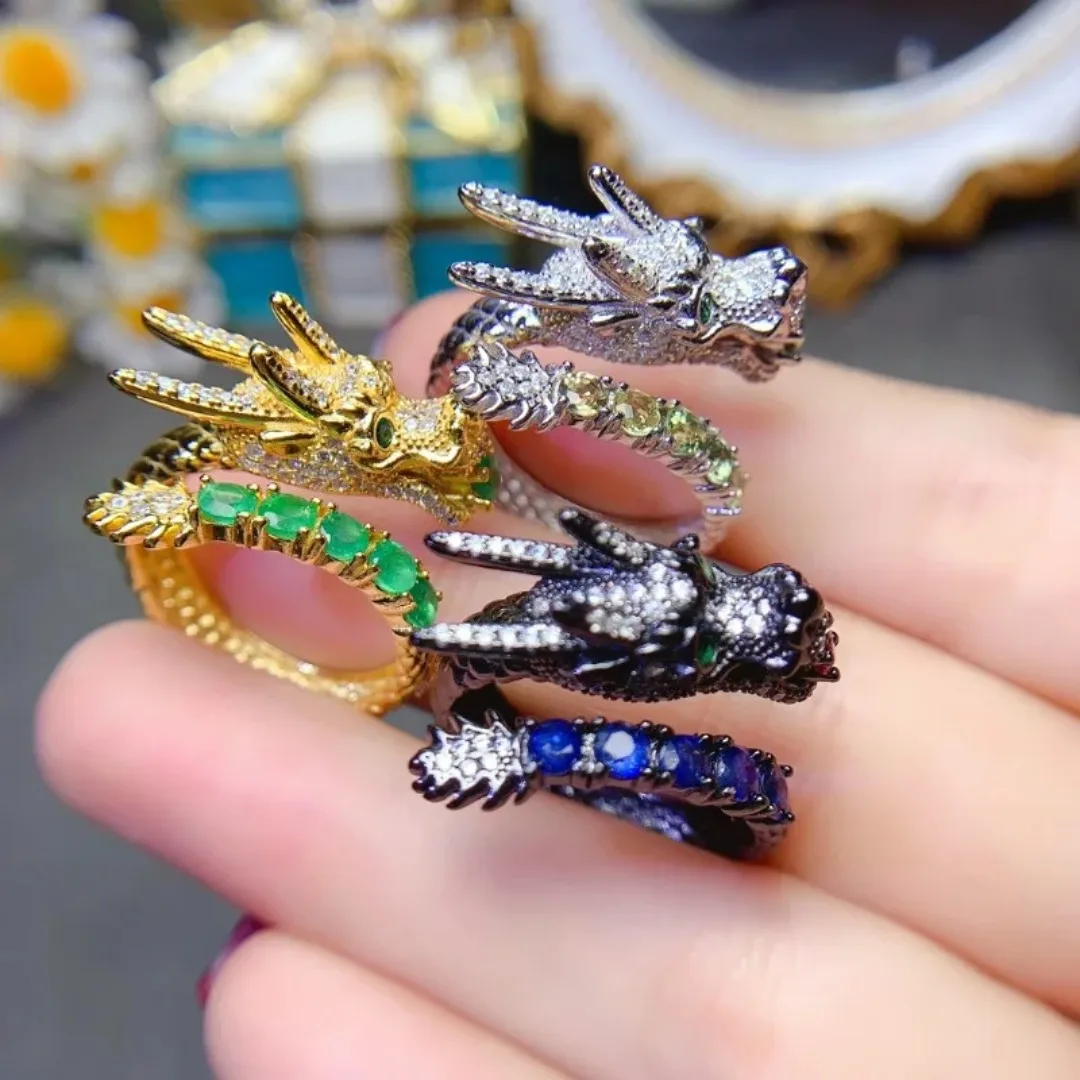 

925 Sterling Silver Natural Emerald Dragon Rings Women's Jewelry Green Gemstone Rings Carrying Certificate