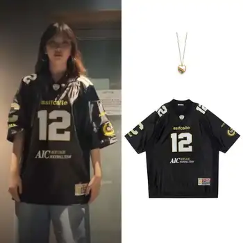 Minji Hyein's Same Asif Calie Korean Designer Brand Printed Loose Short Sleeved Jersey Tops Summer Women Oversized Sport Tshirt 1
