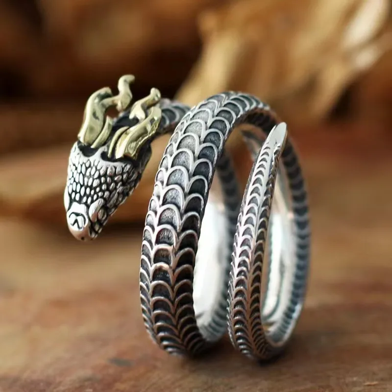 Chinese Ethnic Wind Dragon Ring with Horns Poisonous Snake Ring