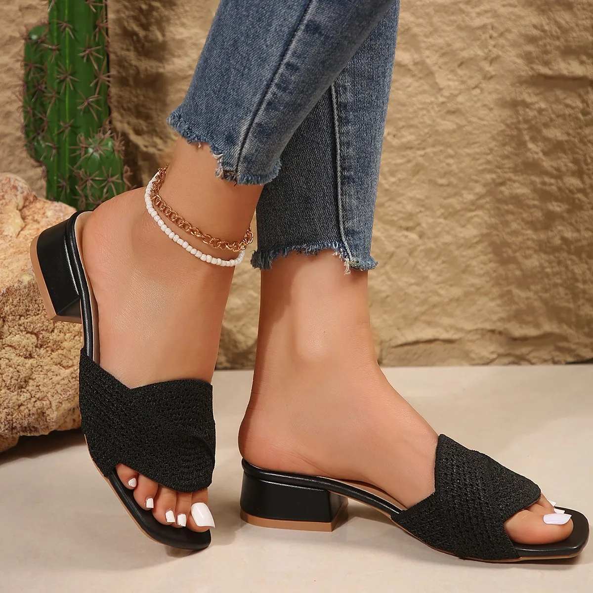 Fashion Summer Women Colorblock Braided Chunky Heeled Sandals Going Out Female Beach Shoes Korean Style High Heels Slippers