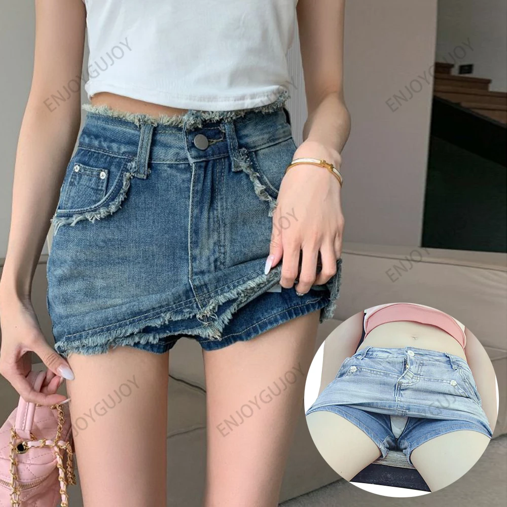 Invisible Open Crotch Outdoor Sex Trend Women's Denim Shorts Fashion Jeans Skirt Pants Summer High Waist Erotic Woman Clothing