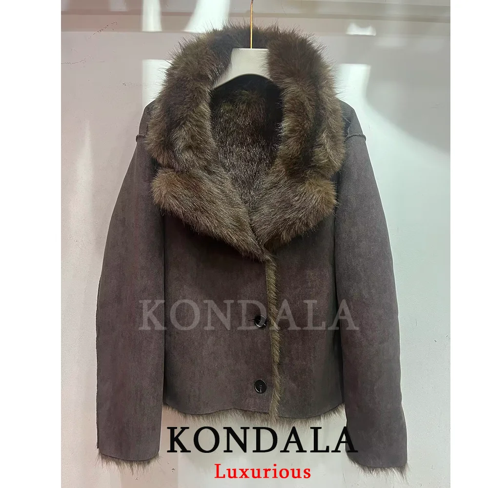Brown Leather Fur Coat - Women's Casual Winter Jacket With Buttons & Pockets