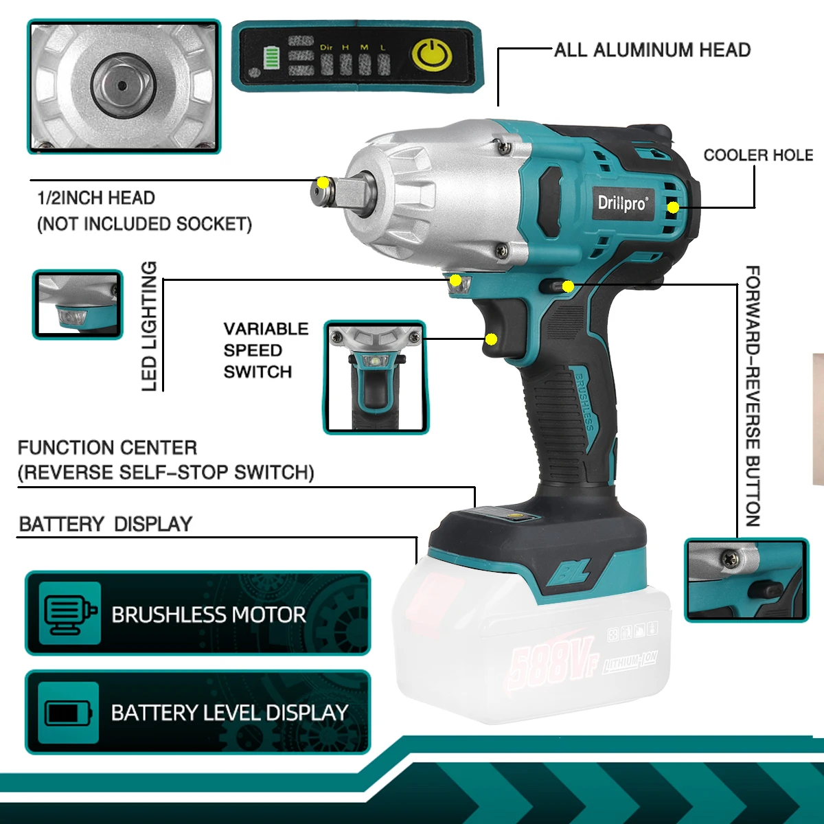 2000N.M High Torque Brushless Electric Impact Wrench Cordless 1/2" Wrench Drill Car Repair Power Tool For Makita 18V Battery 3