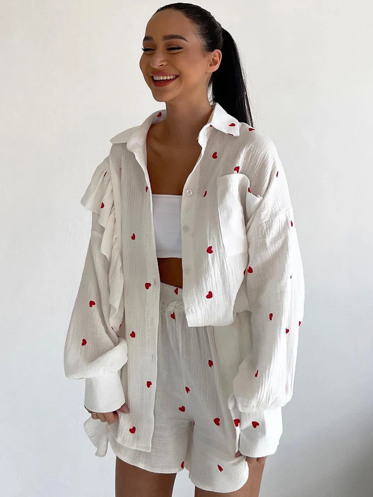 

2 Piece Sets Women Outfits Spring Summer 100% Cotton Loose Lantern Sleeve Heart Printed Casual Blouses & Baggy Wide Leg Shorts