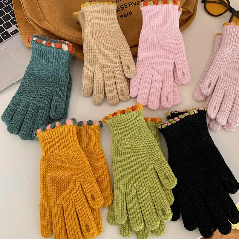 

Warm Winter Touch Screen Gloves Women Stretch Knit Full Finger Thickened Soft Girls Glove Autumn Fashion Gloves Accessories