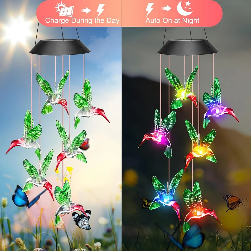 Hummingbird Wind Chimes Outdoor, Solar Powered Lights with Color Changing, Waterproof LED Wind Chime for Yard Party Garden Decor