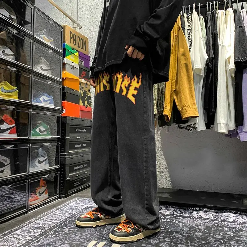 

Y2K Pants, Harajuku Flame Pattern Printed Jeans, Straight Tube Casual Hip-hop, American Youth Street Trend Wear, Wide Leg Pants