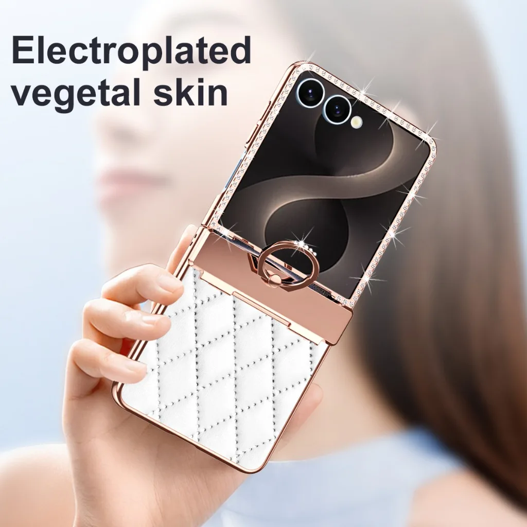 Luxury Bling PU Leather Phone Case with Hinge Ring Holder Stand and Electroplated Frame Cover