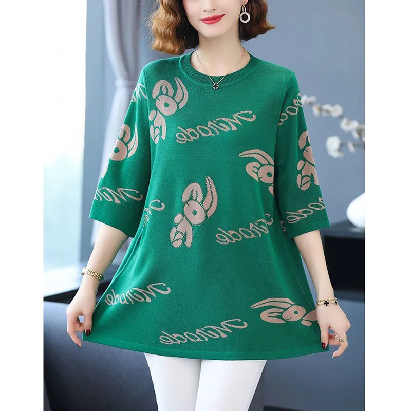 

Big Size Women Loose Midi T-shirt Koreon Summer New Half Sleeve O-Neck Printing Vintage Pullover Casual Fashion Thin Cotton Tops