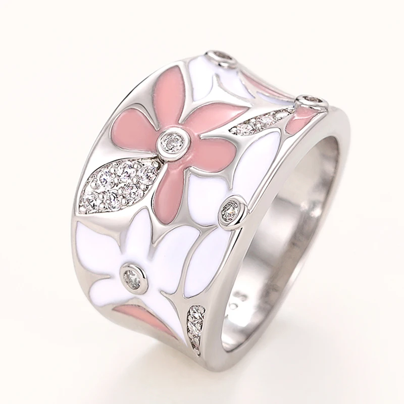 Enamel Flower Finger Ring for Women Wedding Party Silver Color Cubic Zirconia Jewelry Gift