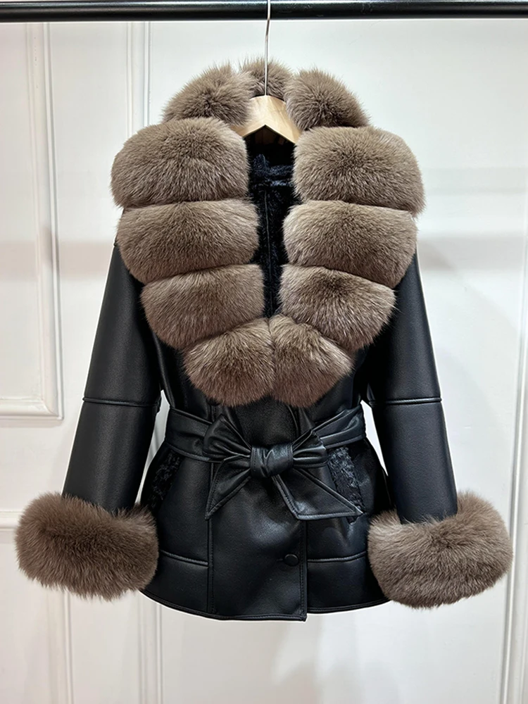 Lagabogy 2025 Big Real Fox Fur Collar Women PU Leather Jacket
