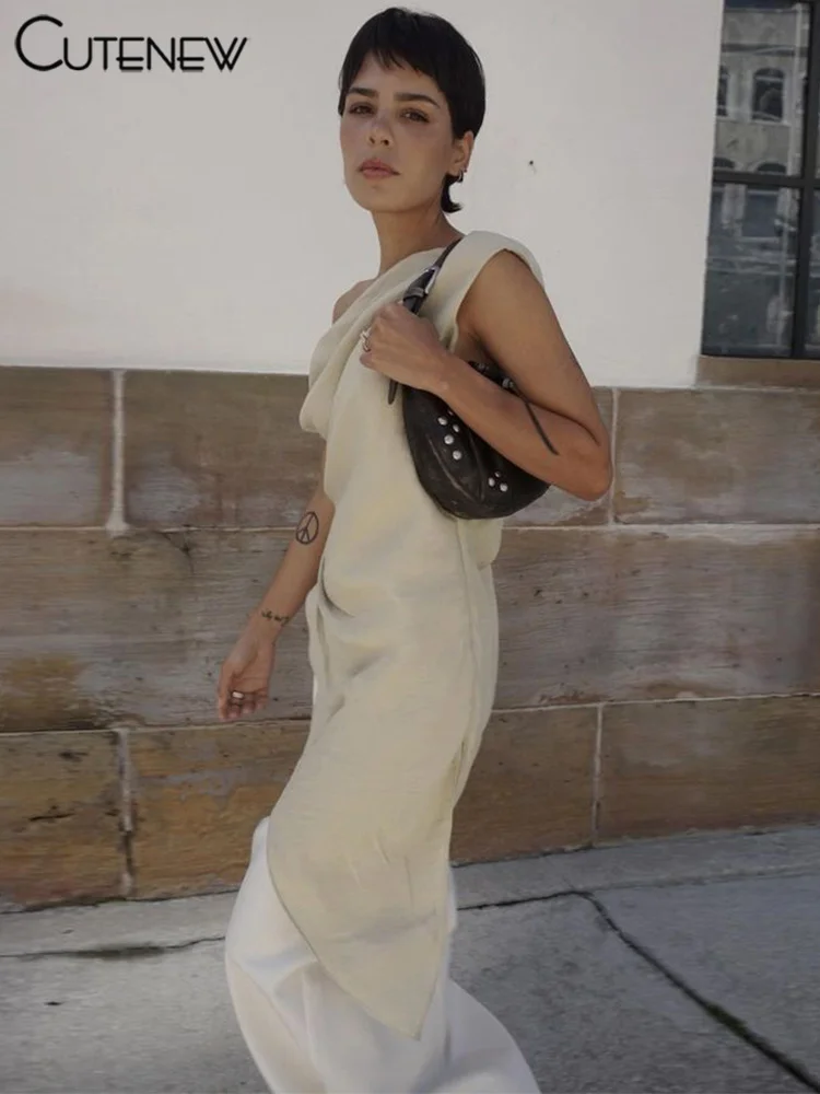 Irregular Women Tops Solid Hipster Classic Incline Shoulder Lengthen Ruched Tanks Female Summer All-matched Streetwear