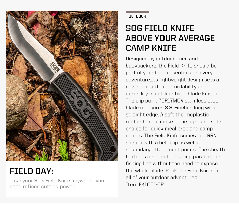 Description Picture 3 of itemSOG Survival Field Knife Fixed Blades Hunting knives with case Outdoor Camping and Bushcraft Utility Knife Hand Tools FK1001-CP