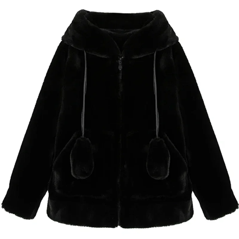 2023 Women's Plus Velvet Padded Zipper Winter Jacket Oversized Soft Harajuku Kawaii Hooded Rabbit Ears Plush Faux Cashmere Coat