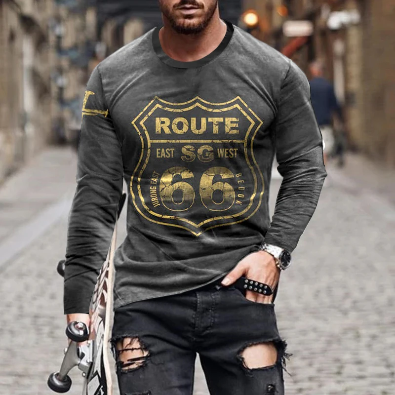 Printed T-shirt Men's Autumn and Winter Loose Clothes Long-sleeved Vintage American Route 66 Letters Fashion O-neck Shirt 5xl