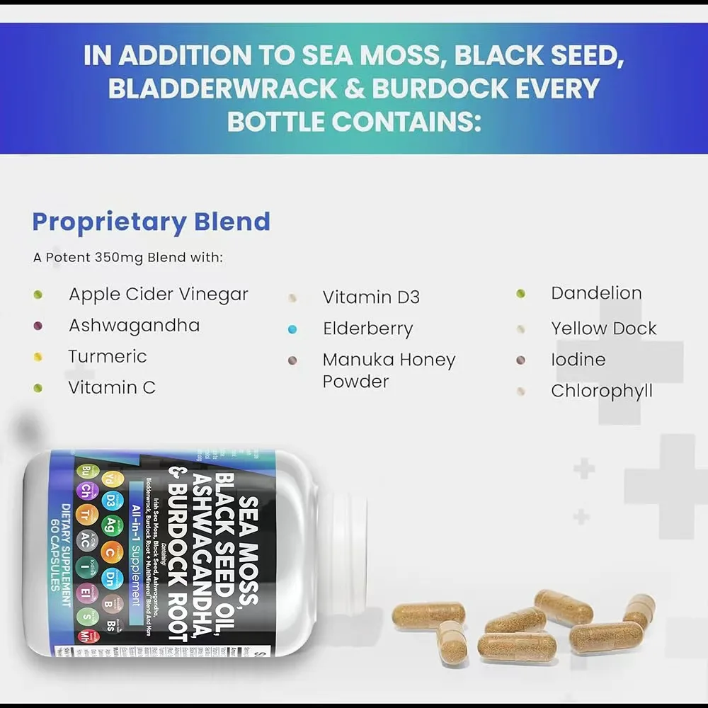 8 In 1 Organic SHILAJIT Ashwagandha Capsules All In 1 See Moss Capsules with Black Seed Oil Health Support